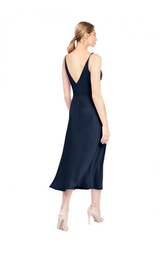 V-Neck Midi Length Short Cocktail Formal Stretch Satin Bridesmaid Dress / Prom Dress V-Back for Sale