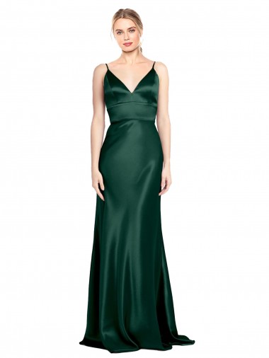 High V-Neck Long Full Length Sheath Formal Stretch Satin Bridesmaid Dress / Prom Dress for Sale