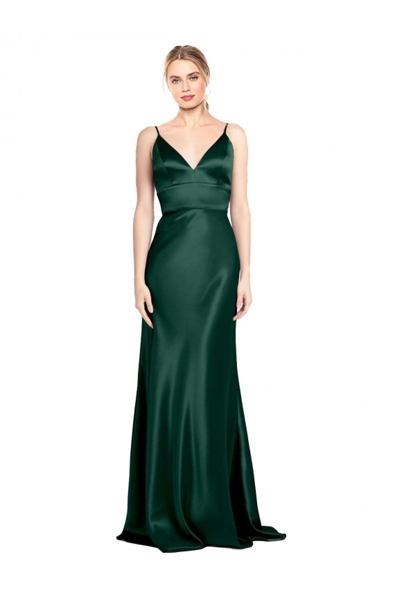 High V-Neck Long Full Length Sheath Formal Stretch Satin Bridesmaid Dress / Prom Dress for Sale