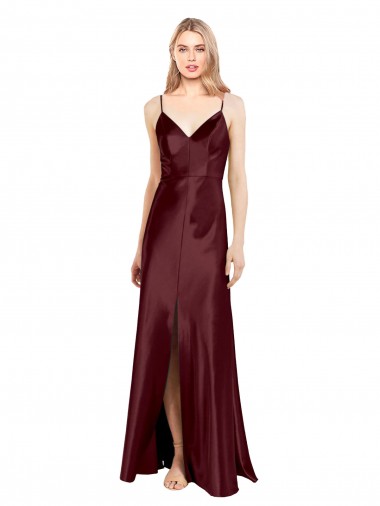 Sleek Spaghetti Straps V-Neck Formal Stretch Satin Bridesmaid Dress / Prom Dress with Center Front Slit for Sale