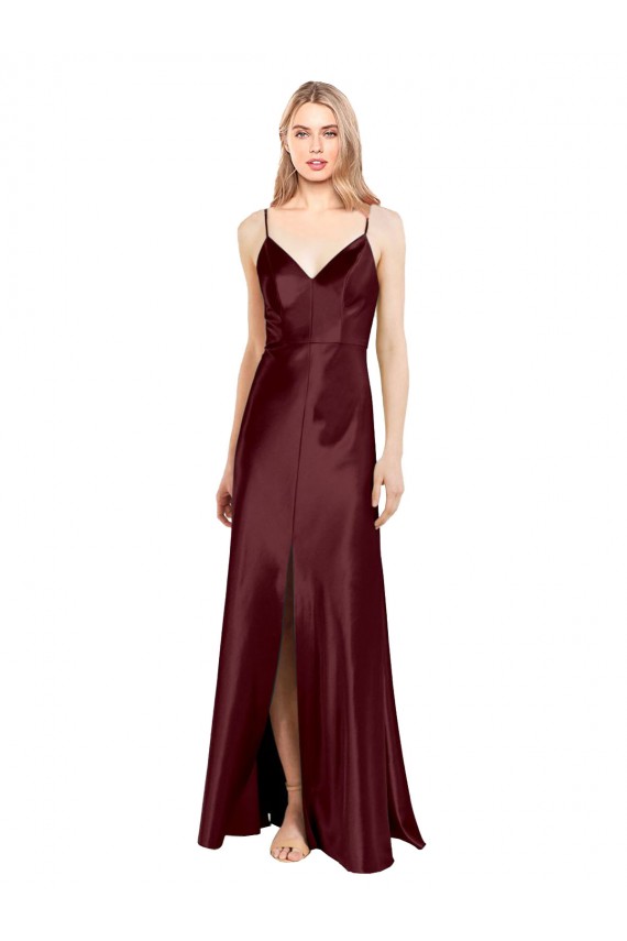 Sleek Spaghetti Straps V-Neck Formal Stretch Satin Bridesmaid Dress / Prom Dress with Center Front Slit for Sale