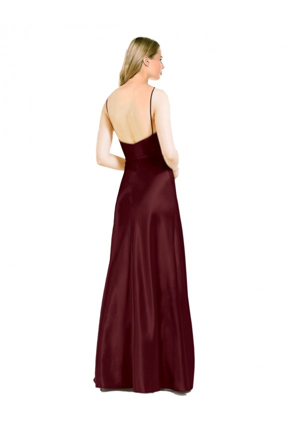 Sleek Spaghetti Straps V-Neck Formal Stretch Satin Bridesmaid Dress / Prom Dress with Center Front Slit for Sale