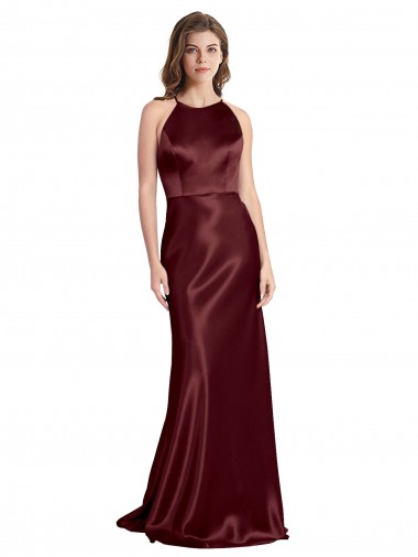High Neck Halter Long Sleeveless Formal Stretch Satin Bridesmaid Dress / Prom Dress with Strappy Back for Sale