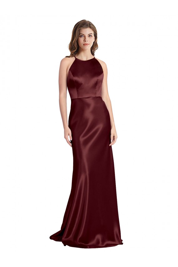 High Neck Halter Long Sleeveless Formal Stretch Satin Bridesmaid Dress / Prom Dress with Strappy Back for Sale