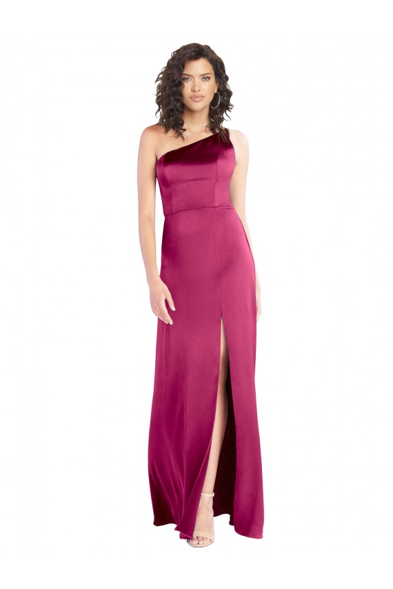 Sleek One Shoulder A-Line Long Formal Stretch Satin Bridesmaid Dress / Prom Dress with Spaghetti Straps Back for Sale