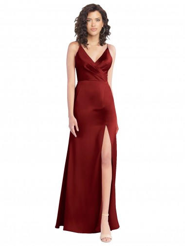 Faux Surplice Neckline Long Slim A-Line Formal Stretch Satin Bridesmaid Dress / Prom Dress for Sale