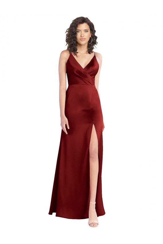 Faux Surplice Neckline Long Slim A-Line Formal Stretch Satin Bridesmaid Dress / Prom Dress for Sale