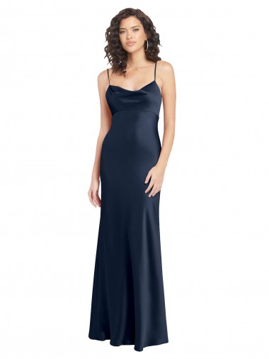 Cowl Neck Long Empire Waist Formal Stretch Satin Bridesmaid Dress with Open Back for Sale