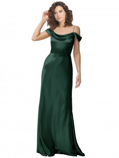 Off the Shoulder Sleeves Long Formal Stretch Satin Bridesmaid Dress / Prom Dress with Pleated Draped Neckline for Sale