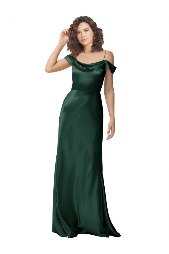 Off the Shoulder Sleeves Long Formal Stretch Satin Bridesmaid Dress / Prom Dress with Pleated Draped Neckline for Sale