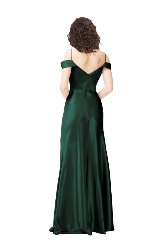Off the Shoulder Sleeves Long Formal Stretch Satin Bridesmaid Dress / Prom Dress with Pleated Draped Neckline for Sale