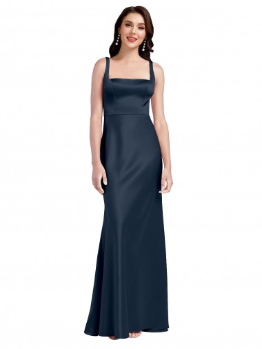 Square Neck A-Line Long Formal Stretch Satin Bridesmaid Dress / Prom Dress with Wide Straps for Sale