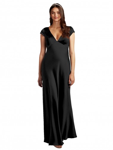 Plunging V-Neck Cap Cleeves Long Formal Stretch Satin Bridesmaid Dress / Prom Dress with Keyhole Back for Sale