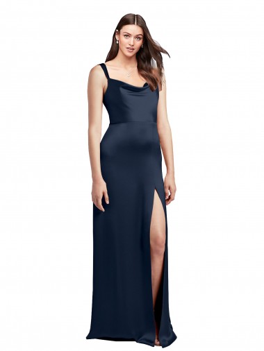 Cowl Neck Soft Long Formal Stretch Satin Bridesmaid Dress / Prom Dress with Side Slit and Pleated Straps for Sale