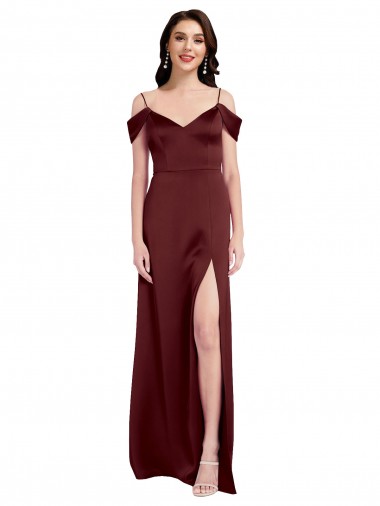 Draped Off the Shoulder Sleeves Slim A-Line Formal Stretch Satin Bridesmaid Dress / Prom Dress with Side Slit for Sale