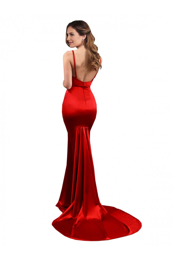 Long Pleated Formal Stretch Satin Bridesmaid Dress / Prom Dress with High Slit for Sale