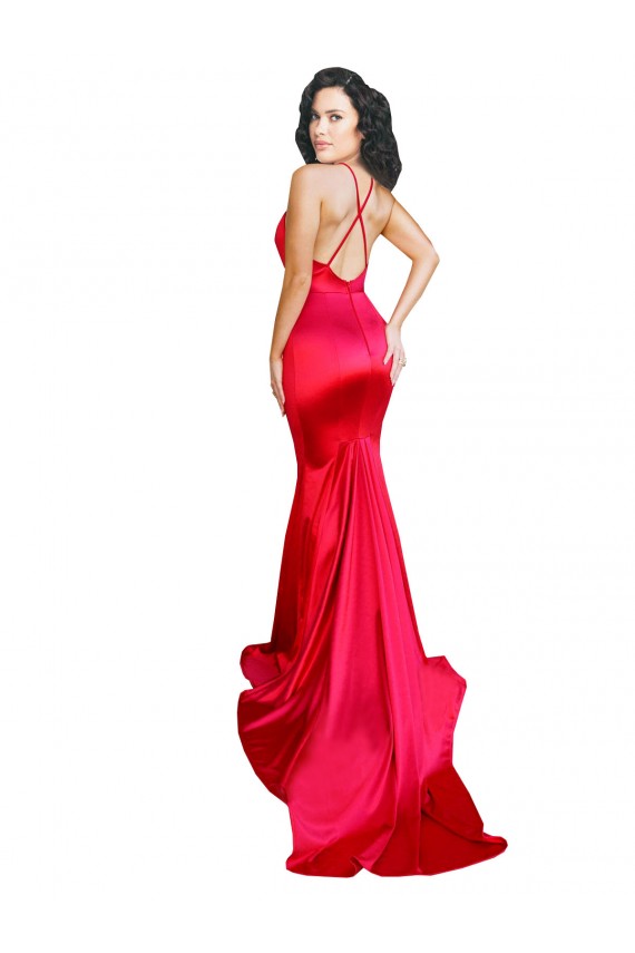 Mermaid Open Back Long Formal Stretch Satin Bridesmaid Dress / Prom Dress with High Slit for Sale