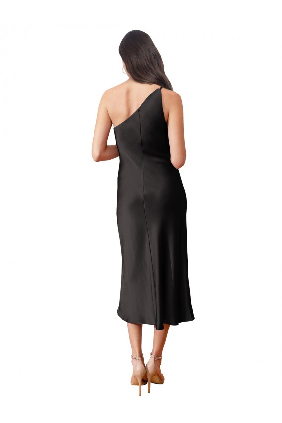 Sleek One Shoulder Midi Length Short Cocktail Formal Stretch Satin Slip Bridesmaid Dress / Prom Dress for Sale