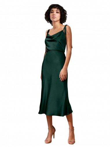 Spaghetti Straps Tie Shoulders Cowl Neck Short Midi Length Formal Stretch Satin Cocktail Bridesmaid Dress / Prom Dress for Sale