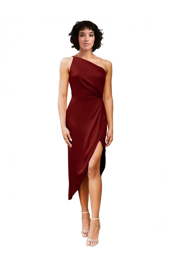 One Shoulder Cocktail Midi Length Short Formal Stretch Satin Wrap Style Bridesmaid Dress / Prom Dress for Sale