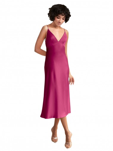 Midi Length V-Neck Short Formal Stretch Satin Bridesmaid Dress / Cocktail Prom Dress with Low Scoop Back for Sale