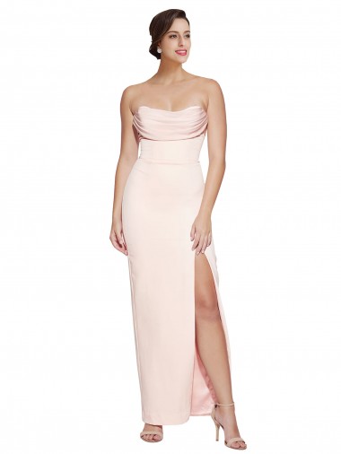 Cowl Neck Strapless Formal Stretch Satin Bridesmaid Dress / Prom Dress with High Split for Sale