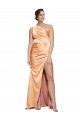 One Shoulder Ruched Formal Stretch Satin Bridesmaid Dress / Prom Dress with Thigh High Split for Sale