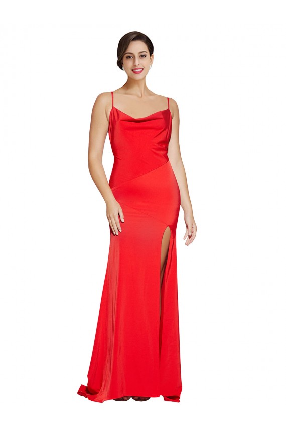 Low Back Cowl Neck Formal Stretch Satin Bridesmaid Dress / Prom Dress with High Side Slit for Sale