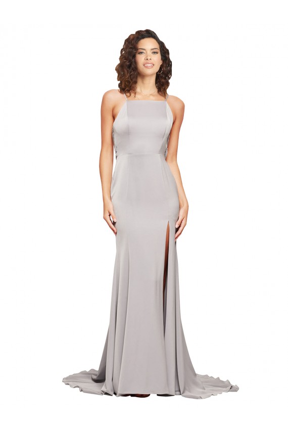 High Neck Low Back Long Full Length Formal Stretch Satin Bridesmaid Dress / Prom Dress for Sale