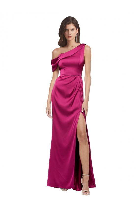 Off the Shoulder Short Sleeves Formal Stretch Satin Bridesmaid Dress / Prom Dress with Side Slit for Sale