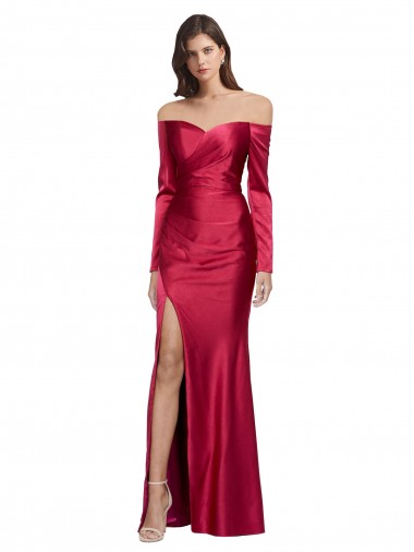 Long Sleeves Off the Shoulder Formal Stretch Satin Bridesmaid Dress / Prom Dress with High Side Split for Sale