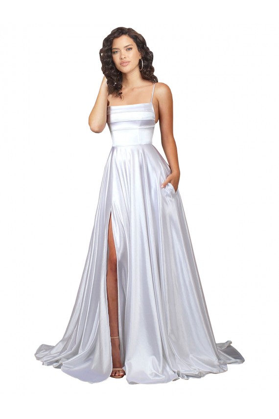 Simple A-Line Corset Style Pleated Long Stretch Satin Beach Wedding Dress with High Slit for Sale