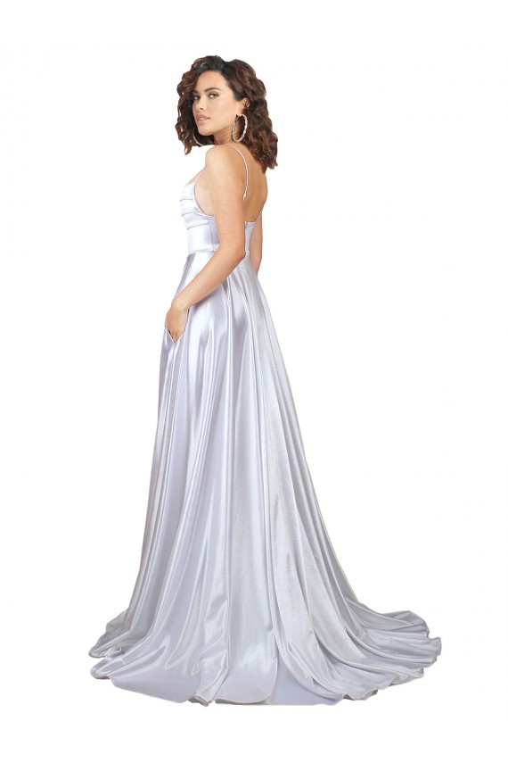 Simple A-Line Corset Style Pleated Long Stretch Satin Beach Wedding Dress with High Slit for Sale