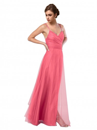 Flowy A-Line Tulle Bridesmaid Dress with Double Straps and V-Neck for Sale