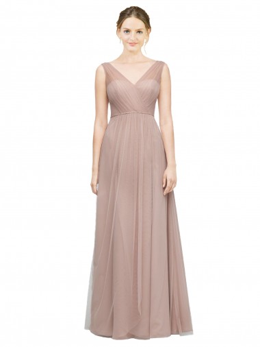 Full Length Draped Long V-Neck Tulle Bridesmaid Dress for Sale