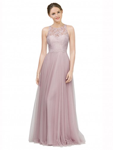 High Neck Long Tulle Bridesmaid Dress with Lace Bodice for Sale