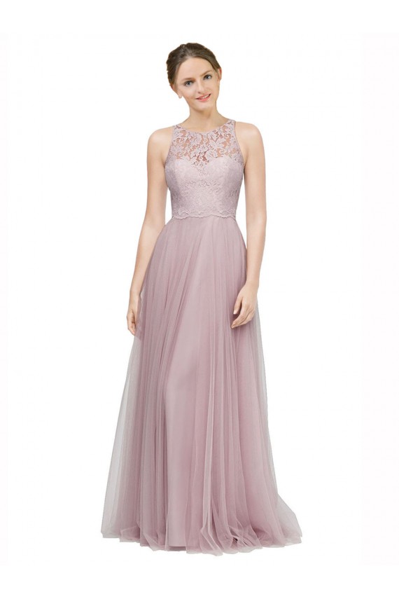 High Neck Long Tulle Bridesmaid Dress with Lace Bodice for Sale