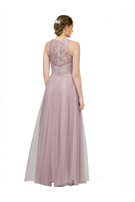 High Neck Long Tulle Bridesmaid Dress with Lace Bodice for Sale