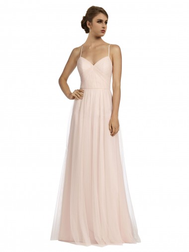 Long Draped Back A-Line Tulle Bridesmaid Dress with Pleated Bodice for Sale