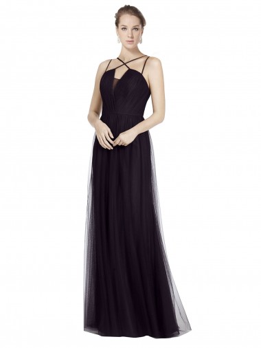 High Neck Long A-Line Tulle Bridesmaid Dress for Sale