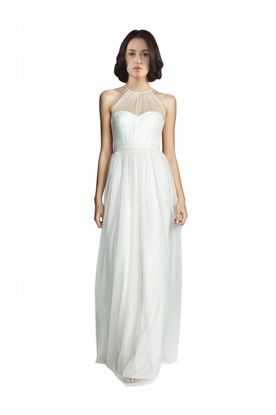 High Neckline Long Tulle Bridesmaid Dress with Illusion Front for Sale