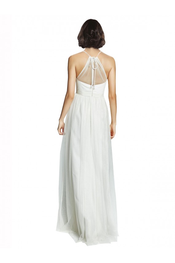 High Neckline Long Tulle Bridesmaid Dress with Illusion Front for Sale