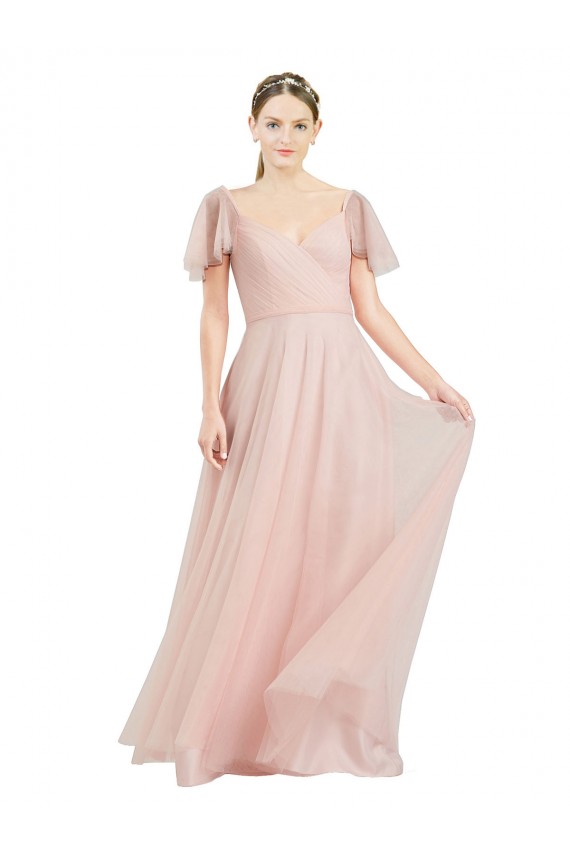 Long V-Neck Flutter Sleeves Tulle Bridesmaid Dress for Sale