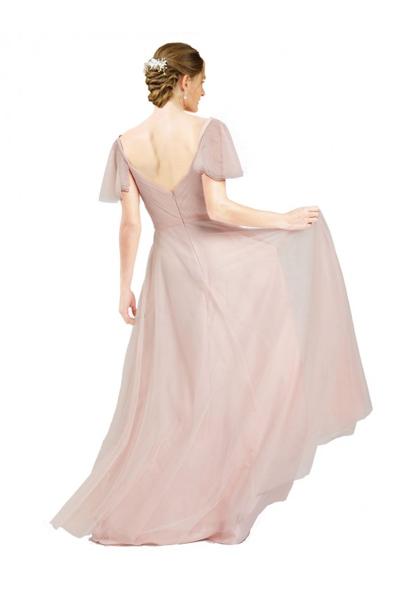 Long V-Neck Flutter Sleeves Tulle Bridesmaid Dress for Sale