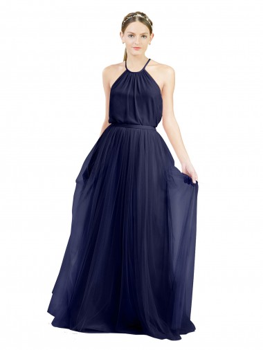 Long A-Line High Neck Halter Tulle Bridesmaid Dress for Sale
