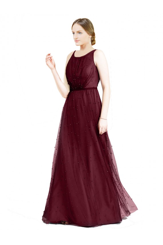 Sleeveless Boat Neck Long Pearl Tulle Bridesmaid Dress with Keyhole Back for Sale