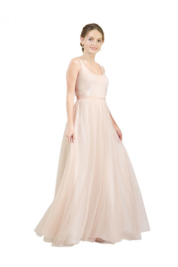Scooped Neckline Long Tulle Bridesmaid Dress with Open Back for Sale