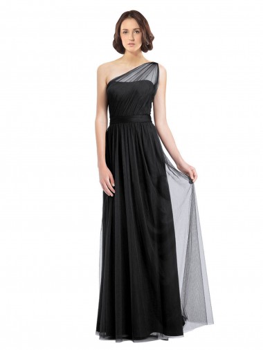 Ruched Long Soft Tulle Bridesmaid Dress with Sheer Netting Shoulder Strap for Sale