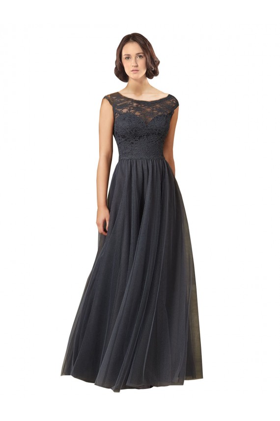 Long Bateau Tulle Bridesmaid Dress with Lace Bodice for Sale