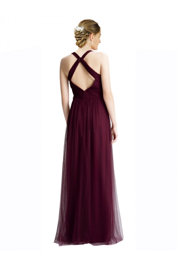 Long Tulle Bridesmaid Dress with Criss-Cross Bodice and Self Straps for Sale